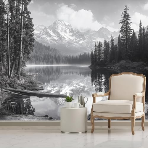 Fotomurales Montañas nevadas y pinos 400 x 280 cm papel pintado decorativo negro pared salón dormitorio comedor pasillo estilo moderno