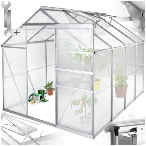 tectake® Aluminium Gewächshaus, 250x185x195 cm, Treibhaus, Tomatenhaus, Frühbeet, Pflanzenhaus, UV beständig, 4 mm Platte, Schiebetür & Dachfenster, Schutz vor Kälte, Regen und Frost - ohne Fundament