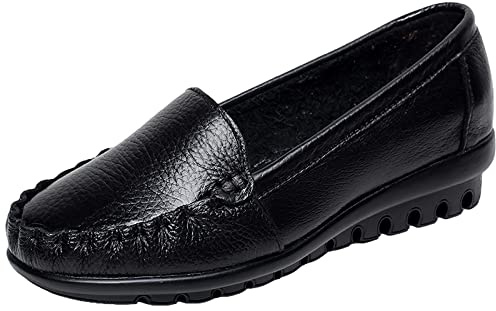 ANUFER Dam mjuk slip-on äkta läder liten kilklack casual loafers promenadskor, Svart, 38 EU