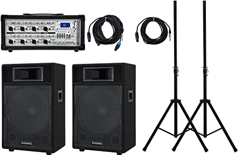 Pronomic PM83-115 StagePower PA Set (PA-Set mit einem kompakten 8-Kanal-Powermischer mit MP3-Player, 2X 2-Wege Lautsprecher mit je 12 & 400W, 2X passenden Stativen aus Stahl & 2X Boxenkabel)