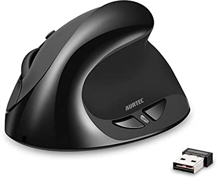 AURTEC Ratón Vertical, Ratones ergonómicos inalámbricos Recargables 2.4G Receptor USB, 6 Botones y 3 dpi Ajustables 800/1200/1600, Negro