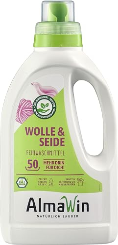 AlmaWin® Waschmittel Wolle & Seide [6x 750ml - 300 Ladungen] mit Lavendel-Duft für schonende Reinigung von Naturfasern - Seide- & Wollwaschmittel anwendbar von 20-40°C - Bio Feinwaschmittel flüssig