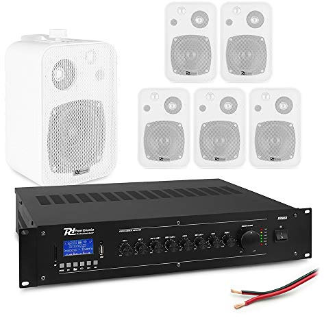 Background Music System with Bluetooth Amplifier and Wall Mounted 4 Speakers – 100V Commercial Audio PA Solution for Restaurants, Cafes, Bars, Shops – White, Set of 6 Speakers Included