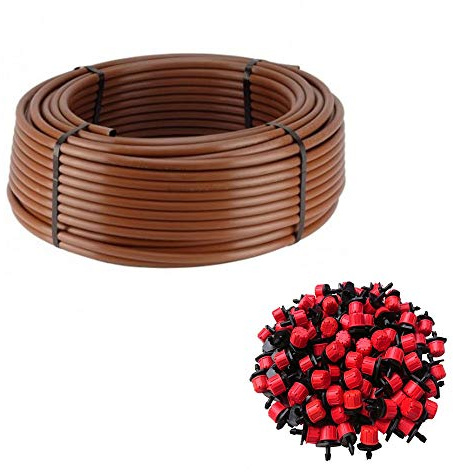 Tuyau pour arrosage goutte à goutte, 16 mm x 100 m, marron + 100 goutteurs réglables de 0 à 40 l/h