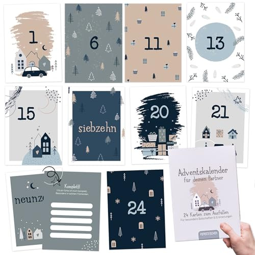 Pappersdrake, kort adventskalender 2024 för pyssel och gåva till partnerset 3 | 24 vykort att designa | Presentidé till jul | med kärleksfulla motiv att hänga upp
