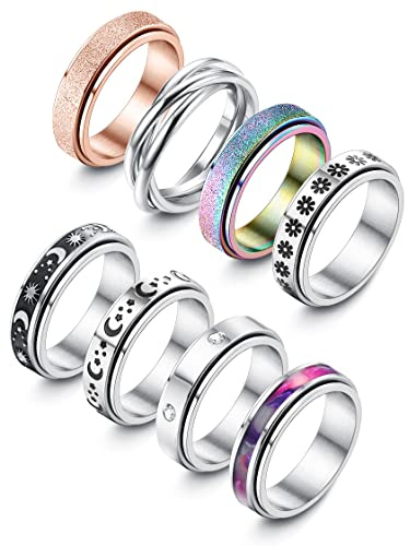 ADRAMATA 8 Pezzi Fidget Anello per Ansia Sollievo Acciaio Inossidabile Anelli per Donna Uomini Anti Stress Band Anelli Set Spinner Anelli per Anti Stress