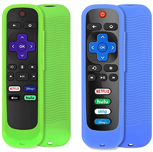 2pcs Fundas para Control Remoto (Brilla en la Oscuridad) Compatible con Roku TV Remote/Roku Express/Streaming Stick, Funda Universal de Silicona para Roku Voice Remote con cordón (Verde y Azul)