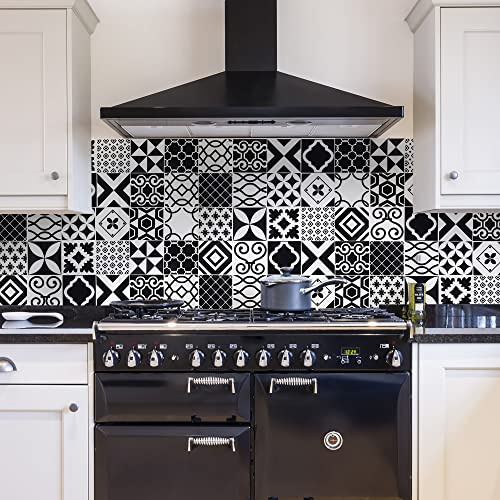 CREARREDA 67136 Panneau anti-éclaboussures de cuisine autocollant mural carrelage blanc et noir 180 x 60 cm 100% fabriqué en Italie avec encre non toxique, ignifuge et résistante à l'eau