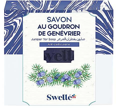 SWELLE Sapone per catrame di ginepro, 100 g, sapone solido, antiforfora, sapone biologico per la perdita dei capelli, esfoliante, acne, eczema, da usare con massaggiatore scalp, sapone da doccia da