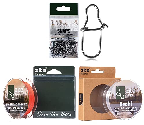 Zite Fishing Hecht Angelschnur Set | 8X geflochtene Hecht-Schnur Orange 155m | Karabiner-Snaps 30 Stück #2 Angelwirbel | 30m Fluorocarbon Vorfach-Schnur