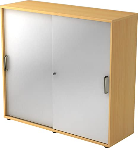 bümö Schiebetürenschrank 3OH - Aktenschrank abschließbar, Sideboard Schrank mit Schiebetüren in Buche/Silber, Streifengriff - Büroschrank aus Holz mit Schiebetür, Büro Kommode für Ordner & Co.