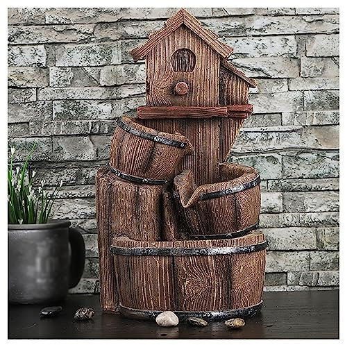 AKOGG Water Feature With Flower Planter,Outdoor Freestanding Self Contained Garden Water Fountain,Birdhouse Resin Outdoor Fountain With LED Lights,Garden Outdoor Wooden Effect 3 Tier Barrel Waterfall