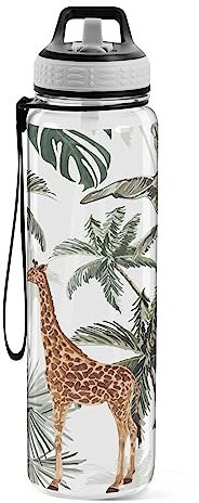 CHIFIGNO Tropical Vintage Palm Trees Giraffe Water Bottles 32oz Travel Water Bottle with Straw and Carrying Strap, 1Liter Leakproof Clear Water Bottles for Cycling, Hiking Fitness