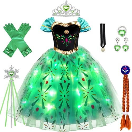 vamei LED Deguisement Anna Fille Robe Anna Enfant Princesse Robe Costume avec Perruque Couronne Gants pour Anniversaire Fête Cosplay Halloween Noël Partie Carnaval (130)