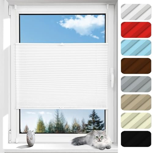 Klemmfix Plissee Ohne Bohren 75 x 150 cm Optimaler Sichtschutz und Sonnenschutz Jalousie Faltrollo Blickdicht, inkl Befestigungsmaterial, für Schlafzimmer Badezimmer, Weiß