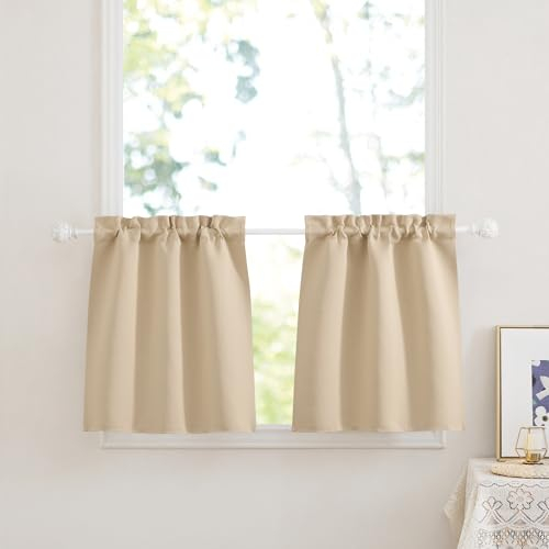PONY DANCE Tendine Finestra a Vetro Tende Oscuranti per Cucina Tende a Vetro per Finestra Corte Blackout Curtains Termiche con Tasca 2 Pezzi 60x60 CM, Beige