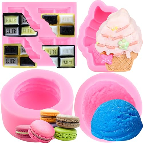 RFGHAC Macaroon Hamburger Silicone Moulds Ice Cream Ball Fondant Mould Milk Chocolate Mould for Cake Decoration Cupcake Topper Candy Resin Clay Candle Soap Bath Bomb Set of 4