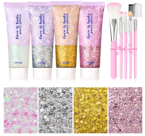 4 Stück Body Glitter Gel, Festival Glitzer für Gesicht und Körper, Schminke Make-Up (Weiß, Silber, Gold, Pink) mit 5 Pinseln