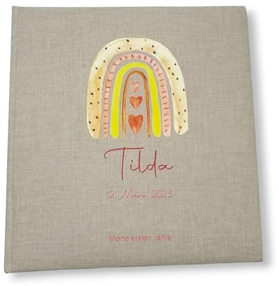 Tenii® Fotoalbum personalisiert Baby, Kind Regenbogen gelb Leinen, Erinnerungsalbum (30x31cm - 100 Seiten)