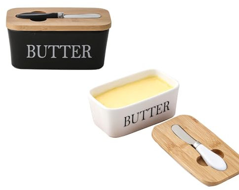HACLEN Ceramic Butter Dish with Lid, Covered Butter Dish with Butter Knife, Butter Keeper & Holder, 2 Pieces, Ideal for Home,1