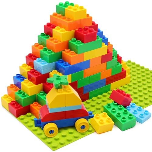 Set da 83 Pezzi di Costruzioni Grandi per Bambini (81 Mattoncini + 2 Basi) | Compatibile con Duplo e Grandi Marche | Mix di 7 Colori Vivaci | Giocattolo Educativo STEM 3 Anni+