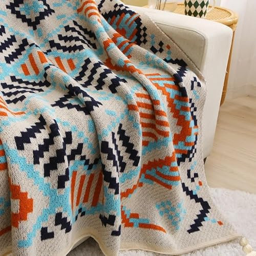 YIHANSS Decke, Bohemian-Strickdecke mit Quasten, 130 x 180 cm, Vintage-Sofa-Bettdecke, Überwurf, leichte Sofadecke/Blau/130 x 180 cm