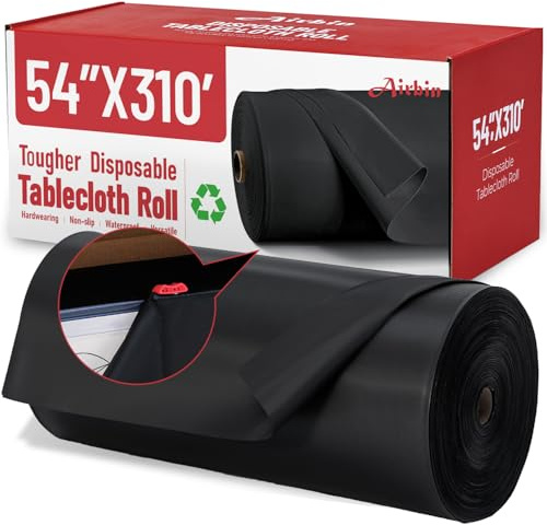 Plastik Tischtuch Rolle, 94m x 1.37m Schwarzes Plastik Tischtuch Einweg-Tischdecke Rolle, Premium PEVA Material, Wasserdicht mit Cutter, Ideal für Bankette, Festivals, Parties