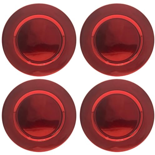Daniel James Metallic Charger Plates - 33cm Round Reusable Dining Table Setting Plates for Christmas Party, Celebration, Weddings & Table Décor Placemat - Red Solid, Pack of 4