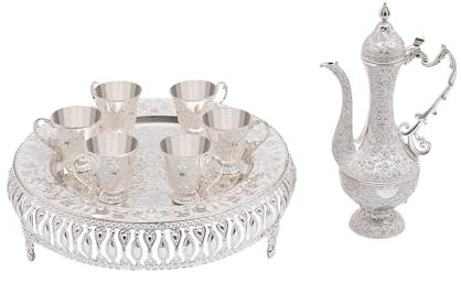 SUONTY Set di tazze da caffè e servizio da tè, 6 persone, 8 cucchiaini, vintage, raro, servizio da caffè in lega di zinco, servizio da tè per decorazione tavolo da tè (argento e bianco)