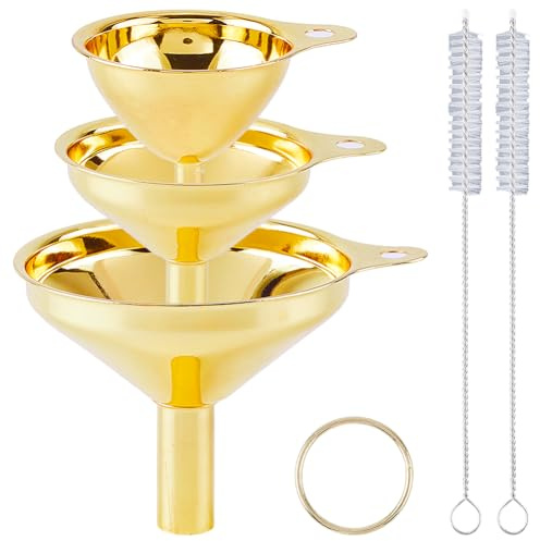 GORGECRAFT 3 Stück Kleines Metall Trichter Set 6.3x7.5 Cm 4.9x5.6 Cm 3.7x4.6 Cm Goldenes Metall Edelstahl Für Die Küche Kochen Lebensmittelqualität Trichter Mit Reinigungsbürsten Für Ätherische Öle Ge