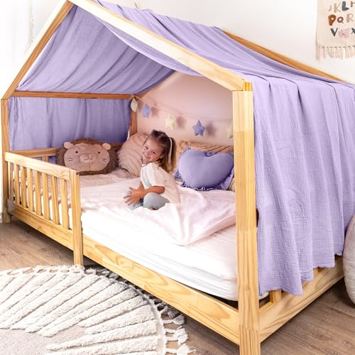 lilimaus Hausbett Himmel mit Gold Applikation [in 12 Farben] Betthimmel Hausbett aus 100% Baumwolle Musselin - Stoffhimmel für Hausbett Deko Mädchen & Jungen - Himmel für Hausbett Kinderbett Vorhang