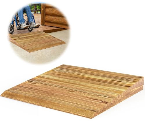 Wooden Threshold Ramp for Home Steps, 7 Rise Doorway Ramp with Non-Slip Grooves, Door Ramp for Wheelchair/Walker/Cart/Scooter, (31.4 W*7.0 H, Solid Pine Wood, 600LBS Capacity)