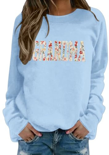 Generisch Felpe ricamate da donna con motivo nonna: maglione casual con scollo rotondo e applicazione floreale per nonna e donna felpa senza, Azzurro, M