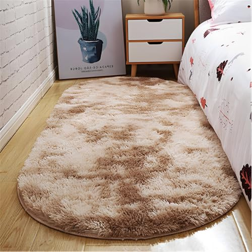 Highdi Alfombra Oval de Pelo Largo para Salón Suave Alfombras de Pelo Largo Shaggy Lavable y Antideslizante para Dormitorio Habitacion, Color Sólido (Marrón,120x160cm)