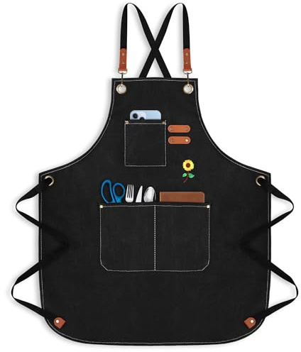 Kriulre Professional Heavy Duty 16oz 100% Cotton Canvas Apron | Unisex Work Apron for Men & Women with 3 Pockets & Adjustable Crossback Straps (Black), Black, Medium / XX-Large