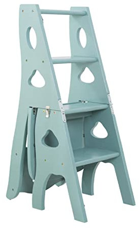4 Step Ladder Stool Folding Wooden Stepladder for Home Library and Kitchen Multifunctional Stairway Chair & Bookshelf Display Light Green Color