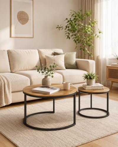 hitsuki Wohnzimmertisch mit Schwarzem Metallgestell Couchtisch Holz Schwarz, Moderner Kaffeetisch, Coffee Table for Living Room, Couchtisch 2er Set, 70+50 cm