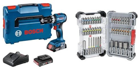 Bosch Professional 18V System Cordless Impact Drill Driver GSB 18V-45 (incl. 2X GBA 2.0Ah Batteries, Charger GAL 18V-20) + 43x Extra Hard Screwdriver Bit Set (197 x 110.5 mm, Accessories)