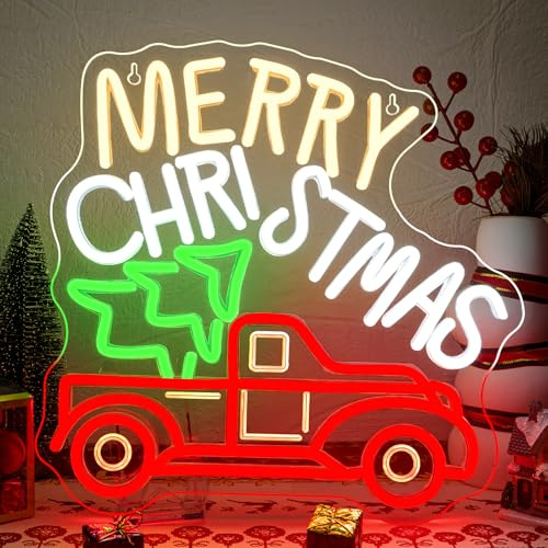 SIGNSHIP Cartel de neón Merry Christmas Tree Feliz Navidad Camión Cartel Led Árbol de Navidad Letrero Led con Letreros Luminosos Regulables para Decoración de Pared Fiesta de Navidad Año Nuevo Fiesta