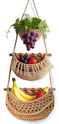 3 Tier Hanging Fruit Basket Handmade Woven, 3 Tier Hanging Wall Basket Hanging Storage Baskets Boho Jute Rope Woven Vegetable Storage for Kitchen Bedroom Bathroom