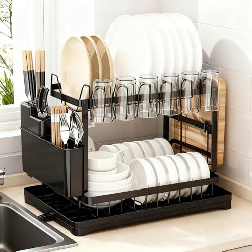 Ftemglo Égouttoir à Vaisselle 2 Niveaux, Égouttoir Vaisselle Cuisine en Acier Inoxydable avec Plateau d'égouttage, Porte-Gobelets et Porte-Ustensiles, Noir
