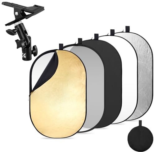K&F CONCEPT 5 in1 Fotografie Licht Reflector mit 360° Metall Reflektor Klammer Set,60x90cm Oval Reflektor Fotografie Faltreflektor für Portrait Foto Selfie Hochzeitsfotografie Außenbeleuchtung