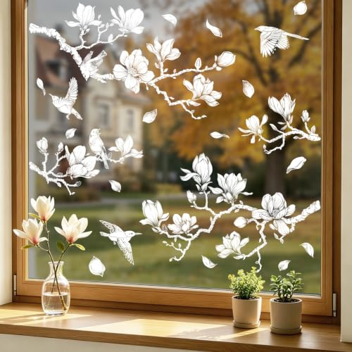 Supzone Fensterbilder Selbstklebend Blume Weiß Fensteraufkleber | Magnolie Vögel Fenstersticker Sommer Frühling Anti-Kollision Fensterfolie Fensterdeko