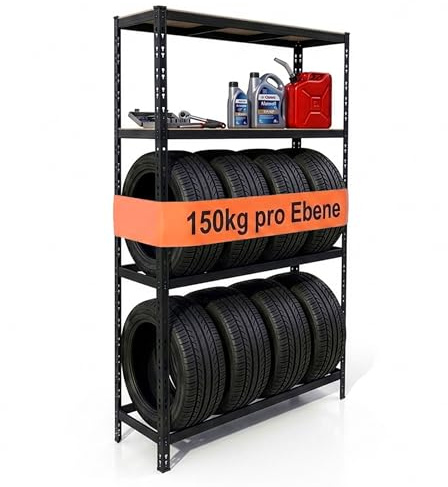 Relaxdays Reifenregal für 8 Reifen, HxBxT 180 x 110 x 40 cm, 600 kg, Stahl, Stecksystem, Reifenlager Werkstatt, schwarz
