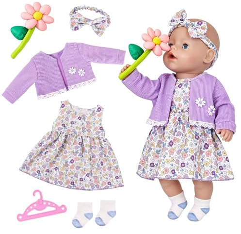 6 Stück Puppenkleidung für 35-43cm Newborn Baby Puppen Süße Baby Kleidung | für 14-17Zoll Babypuppen Kleid Mantel Stirnband Blume Socken Kleiderbügel 43cm BabyPuppen Zubehör Geschenke für Kinder