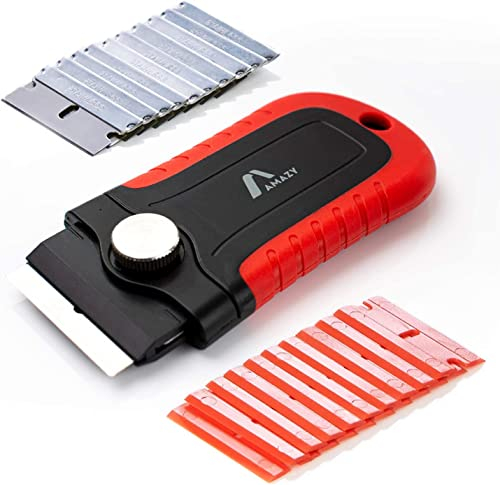 Amazy Raschietto per vetro con lame in plastica e acciaio inossidabile (incluse 20 lame) – Raschietto Set di 2 per piano induzione, cucina, ghiaccio, piano a induzione, piastrelle e auto