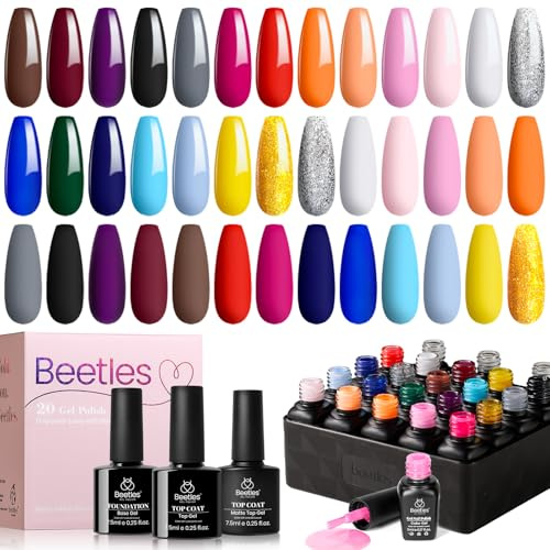 Beetles Gel Polish Set, 20 Farben UV Gel Nagellack Set mit Überlack Unterlack Glanz und Matt Weiß Glitz Rot Violett Braun Orange Rosa Blau Gold Gellack für Nail Art Starter Nail Kit für Frauen