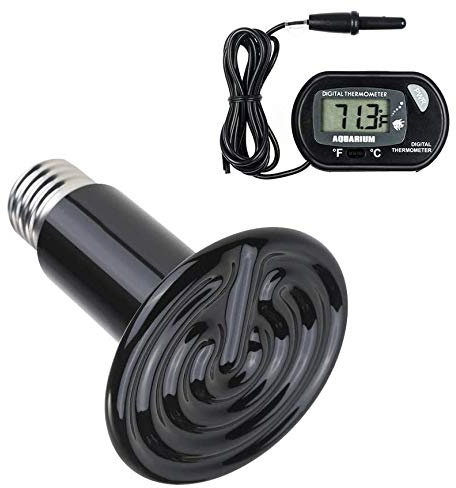 POFET Reptilienwärmelampe 100W mit einem digitalen Thermometer, Infrarot-Keramikheizung Nichtlichtlampen Emitter 220-230V Schildkröten Terrarium Lampe E27(Schwarz)
