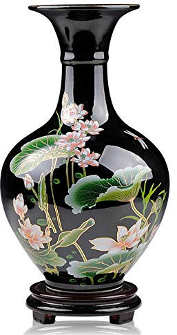 Comsnows Vase décoratif de style chinois de 24 cm, vase en céramique classique pour décoration de la maison, vase rétro chinois en porcelaine avec base, peinture de fleur de lotus, noir