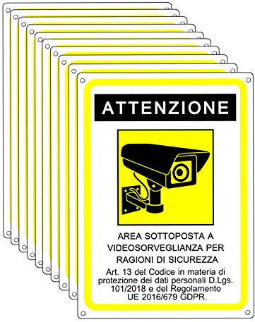 Cartello area videosorvegliata - Cartelli videosorveglianza per negozio e proprietà privata con avviso GDPR - plastica 20x15 cm (10 Pezzi)